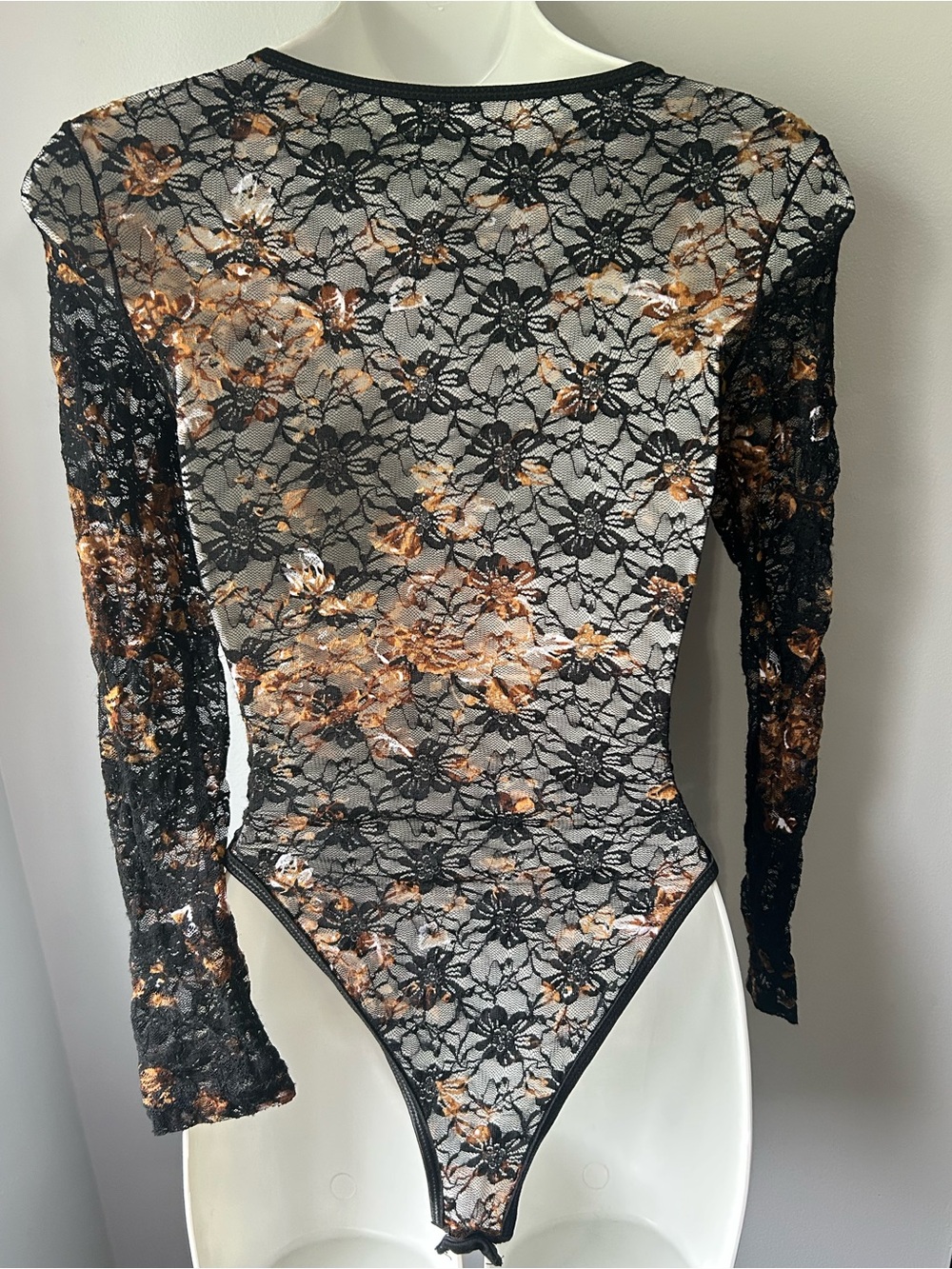 NWOT Black Lace Bodysuit with Brown Floral Accents - Picture 5 of 7